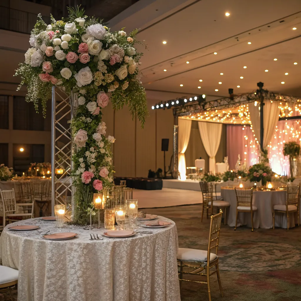 Elegant event setup with floral decor and ambient lighting